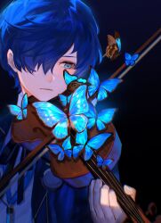 Rule 34 | 1boy, blue eyes, blue hair, bug, butterfly, digital media player, digital walkman, earphones removed, gekkoukan high school uniform, headphones, highres, holding, holding instrument, holding violin, insect, instrument, male focus, persona, persona 3, persona 3 reload, rrrrrrrrrrrou1, school uniform, solo, violin, yuuki makoto (persona 3)