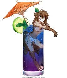 1girl :3 against_glass animal_ears animal_feet aqua_eyes bikini breast_press breasts brown_hair cat_ears cat_girl cat_tail claws cleavage cocktail_umbrella collins_glass commentary cup drink drinking_glass english_commentary english_text food fruit furry garnish highball_glass highres in_container in_cup kathrin_vaughan leaf leaf_on_head lime_(fruit) lime_slice long_hair looking_at_viewer medium_breasts mini_person minigirl mint navel official_art pawpads simple_background smile solo swimsuit tail tom_fischbach twokinds white_background white_bikini