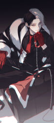 Rule 34 | 1boy, animal collar, artist name, black coat, black hair, black pants, black shirt, black vest, chain, chair, chromatic aberration, closed mouth, coat, collar, collared shirt, crim0x0, divus crewel, earrings, fur coat, glint, gloves, gradient background, grey eyes, hand on own chin, highres, holding, holding collar, holding pointer, jewelry, leash, light particles, long sleeves, looking to the side, male focus, multicolored coat, multicolored hair, necktie, pants, pointer, red collar, red gloves, red necktie, shirt, short hair, sitting, solo, split-color hair, striped coat, stud earrings, twisted wonderland, two-tone coat, two-tone hair, two-tone vest, unworn collar, vest, white coat, white hair, white vest, wing collar
