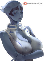 1girl alien araneesama asari_(mass_effect) bare_shoulders biting_own_lip blue_eyes blue_lips blue_skin bodysuit breasts cleavage colored_skin covered_erect_nipples crossed_arms half-closed_eyes highres large_breasts liara_t&#039;soni lipstick makeup mass_effect_(series) mass_effect_1 nipples patreon_logo patreon_username simple_background solo standing weapon white_background