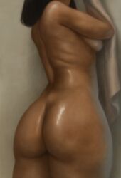 ass back dark_skin digital_painting female no_background nude original realistic short_hair solo torso