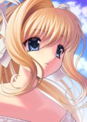 Rule 34 | 1girl, 2000s (style), absurdres, air (visual novel), blonde hair, blue eyes, blue sky, bow, close-up, cloud, day, dress, fillyskywishes, hair between eyes, hair bow, high ponytail, highres, kamio misuzu, long hair, looking ahead, parted lips, ponytail, single hair intake, sky, solo, upper body, white bow, white dress