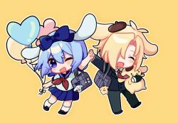Rule 34 | 1boy, 1girl, ahoge, animal ears, balloon, beret, black footwear, blonde hair, blue bow, blue eyes, blue hair, blue jacket, blue sailor collar, blue skirt, bow, brown hat, charm (object), chibi, chibi only, cinnamoroll, claire elford, closed eyes, collared shirt, dog ears, dot nose, flower balloon, green pants, grey bag, hair bow, hair intakes, hashtag-only commentary, hat, heart balloon, highres, holding, holding balloon, holding stuffed toy, interlocked fingers, jacket, medium hair, neckerchief, necktie, noel levine, one eye closed, open mouth, outline, pants, pleated skirt, pompompurin, red neckerchief, red necktie, sailor collar, sanrio, school uniform, serafuku, shirt, short sleeves, simple background, skirt, socks, star handsanit, stuffed animal, stuffed toy, white outline, white serafuku, white shirt, white socks, witch&#039;s heart, yellow background, yellow bow