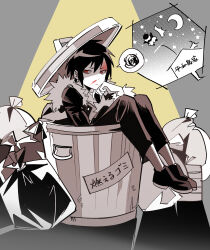 Rule 34 | 1boy, :/, absurdres, black jacket, black pants, black shoes, blood, blood on face, crescent moon, dot nose, durarara!!, eromkk, fur-trimmed collar, fur-trimmed sleeves, fur trim, hand on own chin, highres, jacket, looking to the side, male focus, moon, nosebleed, orihara izaya, palmar flexion, pants, red eyes, shoes, sideways glance, speech bubble, spoken squiggle, squiggle, star (symbol), translation request, trash bag, trash can