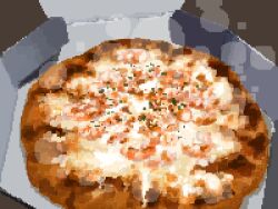 Rule 34 | box, brown background, burnt, cardboard box, cheese, food, food focus, hisachan55cute, no humans, original, pixel art, pizza, shrimp, simple background, spring onion, steaming food