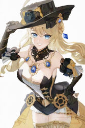 Rule 34 | 1girl, absurdres, black choker, black gloves, black hat, blonde hair, blue eyes, blue flower, blue gemstone, breasts, choker, cleavage, dress, elbow gloves, floating hair, flower, gem, genshin impact, gloves, grin, hair between eyes, hand on own hip, hat, hat flower, high-low skirt, highres, large breasts, leaning forward, long hair, looking at viewer, navia (genshin impact), simple background, smile, solo, strapless, strapless dress, thighhighs, turyee0322, white background, zettai ryouiki