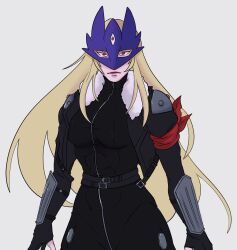 Rule 34 | 1girl, beelstarmon, beelzebumon, beelzebumon (cosplay), belt, black gloves, blonde hair, breasts, cosplay, digimon, digimon (creature), eye mask, gloves, jacket, karina farek, leather, leather jacket, long hair, mask, simple background, solo, third eye