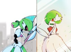 bob_cut colored_skin dress elbow_gloves from_side gardevoir gen_3_pokemon gloves green_hair highres iron_valiant mega_gardevoir mega_pokemon nintendo pink_eyes pokemon pokemon_(creature) ragia robot smile strapless strapless_dress waist_cape white_dress white_gloves white_skin