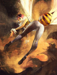 1girl antennae arthropod_girl ass bee bee_girl ben_lo bug capcom darkstalkers female_focus head_wings highres insect insect_girl monster_girl purple_hair q-bee solo wings wristband