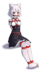 1girl absurdres animal_ear_fluff animal_ears arms_behind_back ball_gag bdsm blue_eyes bondage bound breast_bondage breasts cat_ears crotch_rope frilled_skirt frills gag gagged heterochromia highres looking_at_viewer medium_hair no_shoes original red_eyes restrained shibari shibari_over_clothes skindentation skirt small_breasts solo thighhighs white_background white_hair white_thighhighs wiffle_gag xiongmao zettai_ryouiki