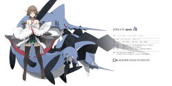 1girl black_thighhighs blue_eyes brown_hair character_profile collection creatures_(company) crossed_arms detached_sleeves duplicate english_text evolutionary_line fakemon fins game_freak green_skirt hiei_(kancolle) kantai_collection long_sleeves looking_at_viewer medium_hair miniskirt nintendo original pixel-perfect_duplicate pokemon pokemon_(creature) red_eyes red_footwear sandals siirakannu skirt thighhighs wide_sleeves