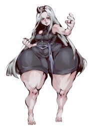1girl absurdres arm_up bad_anatomy before_the_dawn_(series) blue_eyes blue_sash breasts concept_art elizabeth_achenus_kris fantasy fighting_stance full_body geminos_ring highres horns jewelry kepler_pigment large_hands leotard long_hair mature_female necklace no_fingernails official_art original pale_skin sash shortstack single_horn small_breasts soulstone_amulet theo_kris_(artist) thick_lips thick_thighs thighs white_background white_hair wide_hips