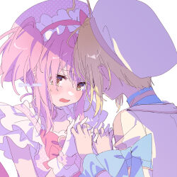 1boy 1girl @_@ alternate_costume antenna_hair beret blonde_hair blue_bow blue_shirt blush bow bowtie brooch choker dot_nose eyelashes face-to-face flustered frilled_hairband frilled_shirt frilled_sleeves frills from_behind fur_cuffs gloves hair_bow hairband hat heads_together heart heart_antenna_hair heart_brooch hetero hinamori_amu hotori_tadase jacket jewelry lolita_hairband long_sleeves open_mouth pink_bow pink_bowtie pink_brooch pink_choker pink_hair pink_hairband pink_hat pink_vest pink_wrist_cuffs polka_dot_headwear polka_dot_vest serizawa_serizane shirt short_hair short_hair_with_long_locks short_sleeves short_twintails shugo_chara! simple_background sleeve_bow sweatdrop turtleneck turtleneck_shirt twintails twitter_username unmoving_pattern upper_body vest wavy_mouth white_background white_gloves white_hat white_jacket white_shirt wrist_bow wrist_cuffs yellow_eyes