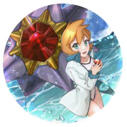 Rule 34 | 1girl, bare legs, breasts, competition swimsuit, gen 1 pokemon, green eyes, gym leader, highres, holding, holding poke ball, jacket, legs, long sleeves, looking at viewer, misty (pokemon), nintendo, one-piece swimsuit, open clothes, open jacket, orange hair, poke ball, poke ball (basic), pokemon, pokemon hgss, short hair, smile, solo, standing, starmie, swimsuit, thighs, water, white one-piece swimsuit