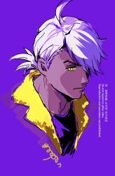 1boy ahoge closed_mouth commentary_request cropped_shoulders friede_(pokemon) goopon hair_over_one_eye highres jacket long_hair male_focus nintendo pokemon pokemon_(anime) pokemon_horizons portrait purple_background shirt signature simple_background solo white_hair yellow_eyes