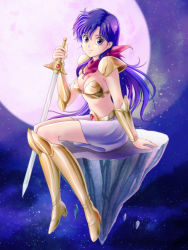 1girl armor asou_yuuko bad_id bad_pixiv_id belt bikini_armor blue_background blue_eyes blue_hair boots breasts cleavage female_focus full_body full_moon highres knee_boots long_hair looking_at_viewer matching_hair/eyes midriff miniskirt moon mugen_senshi_valis neckerchief scarf sitting skirt smile solo sword tamanegiinyo telenet_japan valis valis_sword weapon white_skirt