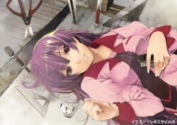 1girl artist_name bakemonogatari black_necktie boxcutter breasts cased_tape_measure collared_shirt curled_fingers end_card fingernails grin hair_between_eyes hand_on_own_stomach holding_stapler indoors long_hair long_sleeves looking_at_viewer lying mechanical_pencil monogatari_(series) naoetsu_high_school_uniform necktie official_art on_back on_floor pen pencil planted_scissors purple_hair purple_shirt red_eyes ruler school_uniform scissors senjougahara_hitagi set_square shiomiya_iruka shirt sleeve_cuffs smile solo stationery tatami third-party_source upper_body