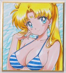Rule 34 | 1girl, bikini, bishoujo senshi sailor moon, blonde hair, blue bikini, blue eyes, breasts, collarbone, crescent, crescent earrings, crescent facial mark, double bun, earrings, facial mark, forehead mark, hair bun, highres, jewelry, long hair, medium breasts, parted bangs, sailor moon, striped bikini, striped clothes, swimsuit, traditional media, tsukino usagi, twintails, user kztc4472