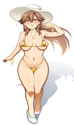 1girl arashio_(kancolle) bikini blush breasts brown_eyes brown_hair gold_bikini golden_week golden_week_bikini hat heart high_heels highres jewelry kantai_collection large_breasts looking_at_viewer micro_bikini navel richou_(zerozero1101) satin_bikini shiny_swimsuit solo stomach straw_hat string_bikini swimsuit white_background