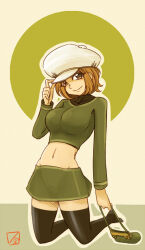 1girl bag black_thighhighs breasts brown_eyes brown_hair newsboy_cap closed_mouth crop_top eyes_visible_through_hair full_body green_bag green_shirt green_skirt groin hand_on_headwear hand_up handbag hat holding holding_bag kneeling large_breasts long_sleeves meiko_(vocaloid) miniskirt navel shirt short_hair skirt smile smith_hioka solo thighhighs vocaloid white_hat zettai_ryouiki