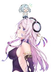 2girls absurdres aqua_hair backless_leotard black_gloves black_leotard blue_eyes braid breasts chibi citlali_(genshin_impact) closed_eyes closed_mouth dress elbow_gloves facial_mark faruzan_(genshin_impact) genshin_impact gloves highres kuki1628 leotard looking_at_another multiple_girls open_mouth pink_hair pink_pupils sideboob simple_background smile twin_braids twintails white_background white_dress