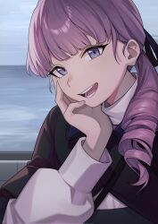 1girl black_ribbon commentary elbow_rest english_commentary hand_on_own_cheek hand_on_own_face head_rest highres lapwing_(vrchat) long_hair looking_at_viewer open_mouth ponytail purple_eyes rakku_(rkrmz0n) ribbon smile solo teeth vrchat