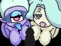 2girls akai_(ugokashitari) animated animated_gif aqua_hair blinking blush bouncing_breasts breasts cleavage colored_skin commentary_request commission cyclops enraenra_(youkai_watch) fuumin_(youkai_watch) hair_over_one_eye heavy_breathing hetero large_breasts monster_girl multiple_girls nipples one-eyed open_mouth penis pink_eyes pixel_art pointy_ears purple_skin simple_background skeb_commission tongue tongue_out topless_female transparent_background youkai_(youkai_watch) youkai_watch