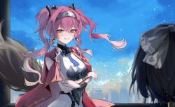 2girls armor black_bow black_hair bodysuit bow breastplate collar commentary_request crossed_arms female_rover_(wuthering_waves) hair_between_eyes hair_bow hairband highres long_hair looking_at_another lupa_(wuthering_waves) metal_collar metal_hairband multiple_girls multiple_hair_bows pink_hair red_sash rover_(wuthering_waves) sash smile solo_focus suyosuyo tail white_bodysuit wolf_tail wrist_guards wuthering_waves yellow_eyes