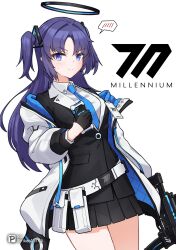 1girl absurdres ammunition_pouch artist_name belt belt_pouch black_gloves black_jacket black_skirt blue_archive blue_eyes blue_necktie blush breasts character_name closed_mouth collared_shirt formal_clothes gloves gun half_gloves halo highres holding holding_gun holding_weapon id_card jacket long_hair long_sleeves looking_at_viewer mechanical_halo necktie open_clothes open_jacket pleated_skirt pouch purple_eyes purple_hair rifle sherman_(egnk2525) shirt sig_sauer simple_background skirt solo spoken_blush submachine_gun suit two-sided_fabric two_side_up weapon white_background white_belt white_jacket white_shirt yuuka_(blue_archive)