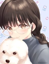 1girl absurdres animification blunt_bangs blush braid brown_eyes brown_hair closed_mouth dog game_boy game_boy_(original) glasses grey_sweater hanazora_satsuki handheld_game_console highres kurusu_rin looking_at_viewer mole mole_under_eye real_life smile solo super_famicom_gamepad sweater tamagotchi tamagotchi_(classic) tamagotchi_(virtual_pet) twitter_username upper_body voice_actor