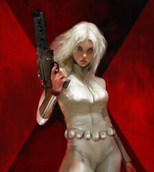 1girl absurdres belt blonde_hair bodysuit collar fingerless_gloves gloves gun highres holding holding_gun holding_weapon jewelry lipstick long_sleeves looking_at_viewer makeup marvel marvel_cinematic_universe marvel_snap official_art pants shirt short_hair simple_background superhero_costume two-tone_background viktor_farro weapon white_bodysuit yelena_belova