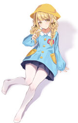 1girl alternate_costume black_bow blonde_hair blue_dress blue_skirt bow braid dress fujita_kotone gakuen_idolmaster hair_bow hat highres idolmaster kindergarten_uniform medium_hair pantyhose scarlet_dango school_hat skirt smile solo twin_braids white_background white_pantyhose yellow_eyes yellow_hat