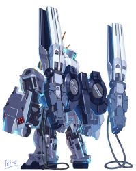 arms_at_sides artist_name cable chibi clenched_hands commentary_request fin_funnels from_behind full_body gundam gundam_narrative highres mecha mecha_focus missile_pod mobile_suit narrative_gundam narrative_gundam_b-packs no_humans robot science_fiction sd_gundam simple_background solo standing tei-o white_background
