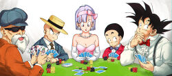 1girl 4boys amachu_a bald bead_necklace beads beard black_eyes black_hair black_necktie blue_bow blue_bowtie bow bowtie breasts bulma card cleavage commentary dragon_ball dragonball_z dress earrings elbow_gloves english_commentary facial_hair formal_clothes gloves hairband head_rest highres holding holding_card jacket jewelry kuririn lunch_(dragon_ball) lunch_(good)_(dragon_ball) medium_breasts multiple_boys muten_roushi necklace necktie old old_man pink_eyes pink_hairband poker_chip poker_table purple_hair queen_(playing_card) queen_of_spades_(playing_card) son_gohan son_goku strapless strapless_dress striped_bow striped_bowtie striped_clothes striped_jacket suit suit_jacket sunglasses suspenders table thinking white_gloves