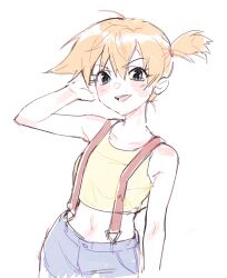 1girl :d asymmetrical_hair blue_eyes blue_shorts blush breasts collarbone crop_top denim denim_shorts female_focus gen_1_pokemon gym_leader hair_between_eyes hair_tie hand_up highres looking_at_viewer midriff misty_(pokemon) navel nintendo open_mouth orange_hair pokemon pokemon_(anime) pokemon_(classic_anime) pokemon_rgby ponytail shirt short_hair short_shorts shorts side_ponytail sleeveless sleeveless_shirt smile solo standing suspenders tank_top teeth thighs yellow_shirt