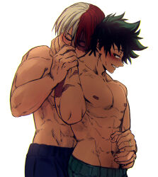 2boys abs black_eyes blue_pants blush boku_no_hero_academia burn_scar closed_eyes commentary freckles front-to-back green_hair green_pants hair_between_eyes highres jewelry looking_at_another looking_back male_focus midoriya_izuku multicolored_hair multiple_boys navel nipples pants red_hair ring scar scar_on_face short_hair simple_background split-color_hair teeth tododeku todoroki_shoto todoroki_shouto toned toned_male topless_male two-tone_hair white_background white_hair yaoi zazaraza33