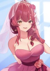 1girl alternate_costume bare_shoulders blurry blurry_background blush braid breasts cleavage dress heterochromia highres hololive houshou_marine kurotan_961 large_breasts medium_hair parted_lips pink_dress red_eyes red_hair see-through_clothes see-through_veil smile solo strapless strapless_dress upper_body veil virtual_youtuber yellow_eyes