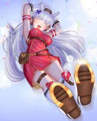 1girl animal_ears armpits arms_up belt belt_pouch blue_sky blunt_bangs blush boots bow brown_belt brown_hat closed_eyes commentary confetti day dress ear_bow english_commentary flying_kick from_below full_body gold_ship_(umamusume) hat highres horse_ears horse_girl horse_tail horseshoe jumping kicking kitty_(3kittie9) long_hair open_mouth outdoors pillbox_hat pouch purple_bow red_dress sky sleeveless sleeveless_dress smile solo sun tail umamusume white_boots white_hair