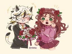 1boy 1girl :o ^_^ animal_ears animification blush bouquet brown_hair cat_boy cat_ears cat_tail closed_eyes colored_eyelashes commentary couple deformed english_commentary flower formal_clothes green_eyes hair_flower hair_ornament hannahxxrose hetero highres holding holding_bouquet leow0ok lifesteal_smp long_hair minecraft_youtube open_mouth pink_sweater pleated_skirt ponytail red_skirt rose simple_background skirt suit sweater tail white_day white_eyelashes white_hair yellow_background yuu_(yyuuraii)
