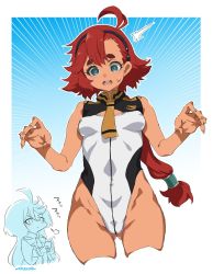 Rule 34 | 2girls, ^^^, adapted costume, ahoge, black hairband, blue eyes, blush, border, breasts, chibi, cleavage cutout, clothing cutout, covered erect nipples, covered navel, cropped legs, gluteal fold, gundam, gundam suisei no majo, hair between eyes, hairband, hands up, highleg, highleg leotard, highres, leotard, long hair, looking down, low ponytail, miorine rembran, mudou eichi, multiple girls, necktie, notepad, open mouth, ponytail, red hair, small breasts, suletta mercury, sweatdrop, taking notes, thick eyebrows, white border, white leotard, yellow necktie