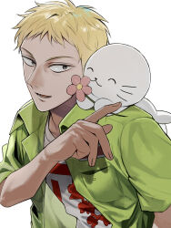 1boy blonde_hair commentary_request crossover flower green_shirt grey_eyes highres kaiji looking_at_viewer male_focus marumofubiyori niwatori_panda open_clothes open_mouth open_shirt pink_flower sahara_makoto sanrio seal_(animal) shirt short_bangs short_hair simple_background solo undershirt upper_body white_background white_shirt