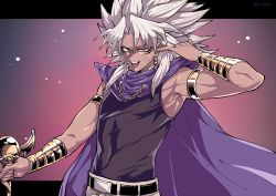 1boy armlet belt big_hair black_belt cape commentary_request dark-skinned_male dark_skin hand_up jewelry looking_at_viewer male_focus millennium_rod open_mouth pants purple_cape shirt sleeveless sleeveless_shirt smile solo spiked_hair teeth tongue tongue_out upper_teeth_only veins white_hair yami_marik yazaki_(yazakc) yu-gi-oh! yu-gi-oh!_duel_monsters