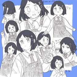 Rule 34 | &gt; &lt;, 1girl, ^ ^, alcohol, apron, arms up, blush, bob cut, bradley hana, closed eyes, collared shirt, cup, drinking, explosive, grenade, hair ornament, hairpin, holding, holding grenade, inverted bob, jitome, long sleeves, multiple views, name tag, necktie, non ni 1111, o o, pointing, pointing up, sake, shirt, solo focus, twitter username, two-tone background, youchien wars