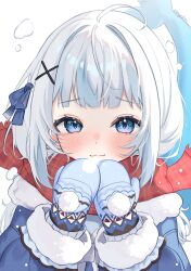 1girl :3 ahoge blue_eyes blue_jacket blue_mittens blue_ribbon blunt_bangs blush commentary fins fish_tail fur-trimmed_sleeves fur_trim gawr_gura gawr_gura_(winter_casual) hair_ornament hair_ribbon hashtag-only_commentary heart heart_in_eye highres hololive hololive_english jacket long_sleeves looking_at_viewer mittens official_alternate_costume pom_pom_(clothes) red_scarf ri_nyahn ribbon scarf shark_tail simple_background smile solo straight-on symbol-only_commentary symbol_in_eye tail upper_body virtual_youtuber white_background white_hair x_hair_ornament