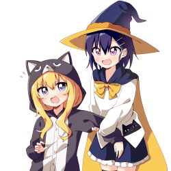 Rule 34 | 2girls, animal hood, blonde hair, blue eyes, blush, commission, gabriel dropout, gabriel tenma white, hair ornament, haru (konomi 150), hat, hood, long hair, looking at viewer, multiple girls, open mouth, pixiv commission, purple eyes, purple hair, smile, very long hair, vignette tsukinose april, white background, witch hat, x hair ornament