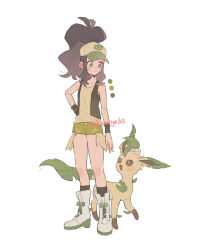 1girl alternate_color artist_name black_socks black_vest blue_eyes brown_hair closed_mouth commentary_request full_body gen_4_pokemon hat high_ponytail highres hilda_(pokemon) hime_(himetya105) leafeon long_hair looking_at_another nintendo open_clothes open_vest pokemon pokemon_(creature) pokemon_bw ponytail shirt short_shorts shorts sleeveless sleeveless_shirt smile socks twitter_username vest white_background white_hat wristband