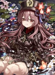 1girl blush bright_pupils brown_coat brown_footwear brown_hair brown_hat coat commentary flower flower-shaped_pupils genshin_impact grin hat hat_flower hat_tassel hu_tao_(genshin_impact) koi lily_pad long_hair long_sleeves looking_at_viewer orange_eyes parted_lips partially_submerged red_flower shino_(eefy) smile solo symbol-shaped_pupils water wet white_flower white_pupils