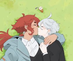 Rule 34 | 2girls, black jacket, blue jacket, blush, closed eyes, closed mouth, collared shirt, commentary, earrings, grass, gundam, gundam suisei no majo, hashtag-only commentary, highres, hots (gundam suisei no majo), jacket, jewelry, kiss, long hair, lying, miorine rembran, multiple girls, on grass, on side, outdoors, ponytail, red hair, revision, ring, shirt, short hair, smile, stud earrings, suletta mercury, tsoo ah, upper body, wedding ring, white hair, white shirt, wife and wife, yuri