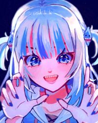 Rule 34 | animal costume, animal hood, blue eyes, blue hoodie, blue sky, dahi.da hi, gawr gura, gawr gura (1st costume), hands up, highres, hololive, hololive english, holomyth, hood, hoodie, multicolored eyes, multicolored hair, shark costume, shark hood, shark tooth, sky, virtual youtuber