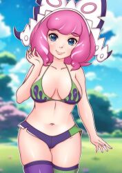 1girl asymmetrical_legwear bikini blue_eyes blush bow breasts cleavage cloud collarbone flower grass green_thighhighs hair_bow hairband klara_(pokemon) looking_at_viewer medium_breasts mismatched_legwear misune_art navel nintendo pink_hair pokemon pokemon_swsh print_bikini purple_bikini purple_thighhighs short_hair sky smile standing swimsuit thighhighs tree waving white_bow